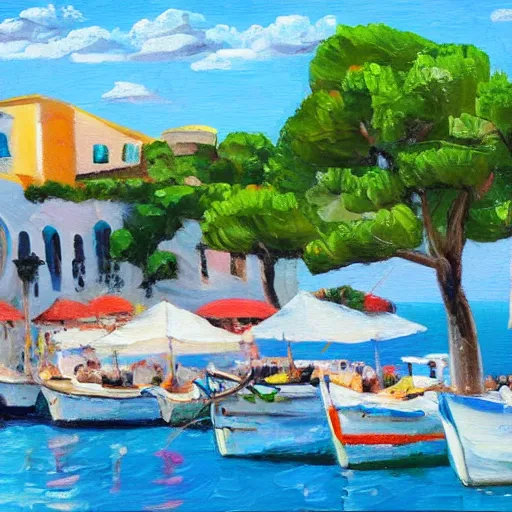 Image similar to small cafe in italy, capri coast, sea, sunny day, summer, clouds on the sky, oil painting style,