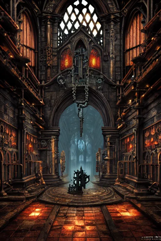 Image similar to steam necropolis, memento mori, gothic, neo - gothic, art nouveau, hyperdetailed copper patina medieval icon, stefan morrell, philippe druillet, ralph mcquarrie, concept art, steampunk, unreal engine, detailed intricate environment, octane render, moody atmospherics, volumetric lighting, ultrasharp