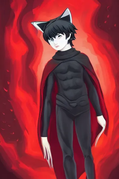 Image similar to little boy with cat ears in an black outfit with red cape. digital artwork made by lois van baarle and kentaro miura, sharpness focus, inspired by hirohiko araki, anatomically correct, heroic composition, hero pose, smooth, night city, illuminati