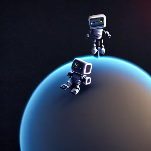 Image similar to a little cute robot flies around the earth. super realistic 8 k render of a dark hooded powerful elegant, cinematic composition