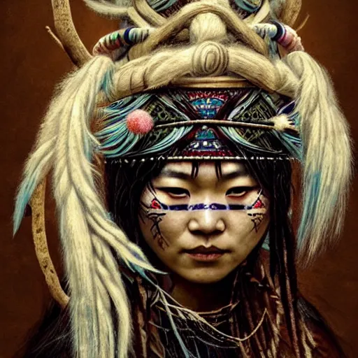 Prompt: A young blindfolded shaman japanese woman with a decorated headband performing a pagan ritual, in the style of heilung, blue hair dreadlocks and wood on her head, tribal piercing and tatoos , atmospheric lighting, intricate detail, cgsociety, ambient light, dynamic lighting, art by karol bak