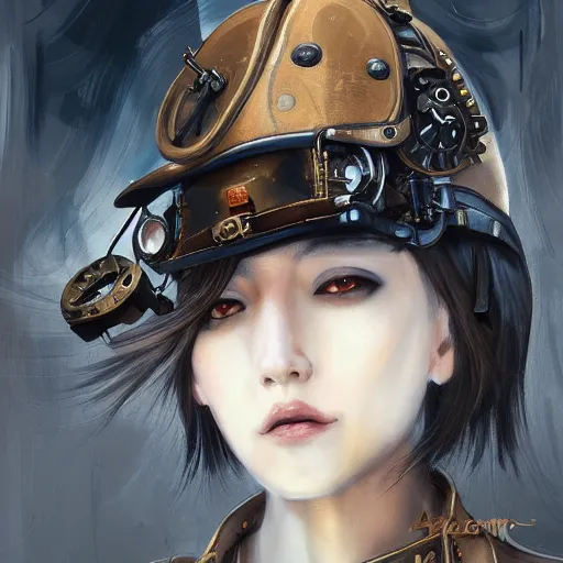 Image similar to portrait of a girl by ayami kojima, mixture between russian and japanese, she is about 2 0 years old, black bob hair, very tall and slender, she is wearing a steampunk tactical gear, highly detailed portrait, digital painting, artstation, concept art, smooth, sharp foccus ilustration, artstation hq