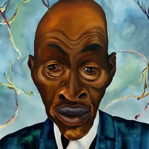 Image similar to a painting of a happy fatherly wide forehead, long nose, round face, XXL , loving, caring, generous, ever-present, humble, wise elder from Kenya in a suit by Wangechi Mutu . Fatherly/daddy, focused, loving, leader, relaxed,. ethereal lights, details, smooth, sharp focus, illustration, realistic, cinematic, artstation, award winning, rgb , unreal engine, octane render, cinematic light, macro, depth of field, blur, red light and clouds from the back, highly detailed epic cinematic concept art CG render made in Maya, Blender and Photoshop, octane render, excellent composition, dynamic dramatic cinematic lighting, aesthetic, very inspirational, arthouse.