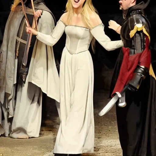 Prompt: Amber Heard as Joan of Arc being led to the gallows, she is wearing prison rags, she is laughing, the crowd is cheering