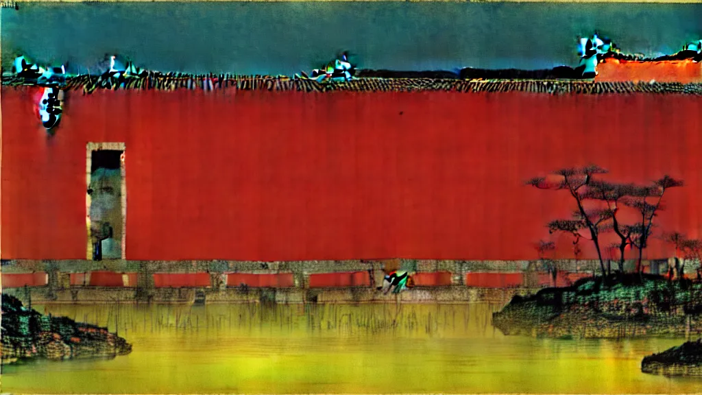 Image similar to a chinese prison near a river by peter doig, muted colors