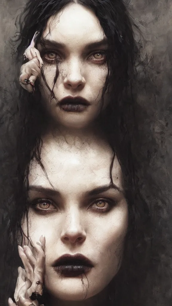 Prompt: face of a beautiful woman with very black hair, intimidating woman, large black eyes, high forehead, smooth pale skin, ethereal skin, ominous, eldritch. oil painting by nuri iyem, james gurney, james jean, greg rutkowski, highly detailed, soft lighting, chiaroscuro