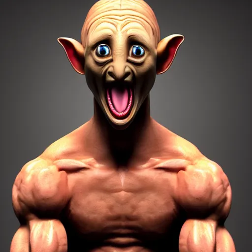 Image similar to 3d rendering of Dobby the House Elf as a screaming body builder, hd 4k