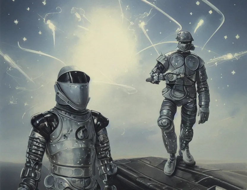 Image similar to a detailed portrait painting of futuristic soldier wearing combat armour and a reflective visor, holding a weapon, spacecraft flies in the distance. cinematic sci-fi poster. Flight suit, cloth and metal, accurate anatomy. Samurai influence, knight influence. fencing armour. portrait symmetrical and science fiction theme with lightning, aurora lighting. clouds and stars. Futurism by moebius beksinski carl spitzweg moebius and tuomas korpi. baroque elements. baroque element. intricate artwork by caravaggio. Oil painting. Trending on artstation. 8k