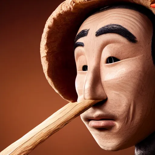 Prompt: an award winning cinematic still of surprised Justin Sun as Pinocchio with gigantic extremely long wooden nose, 16k hyper realistic photograph, close-up professional portrait, centered, dramatic lighting