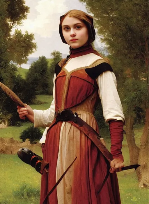 Prompt: annasophia robb wearing medieval armour and bowl haircut, bouguereau