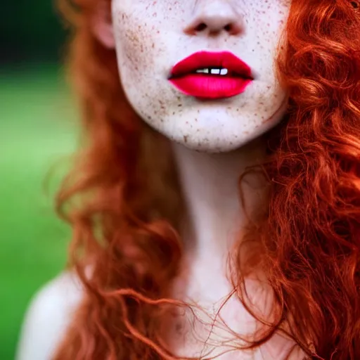 Image similar to close up portrait photograph of the left side of the face of a redhead woman with stars in her irises, red lipstick and freckles. Wavy long hair. she looks directly at the camera. Slightly open mouth, face covers half of the frame, with a park visible in the background. 135mm nikon. Intricate. Very detailed 8k. Sharp. Cinematic post-processing. Award winning portrait photography