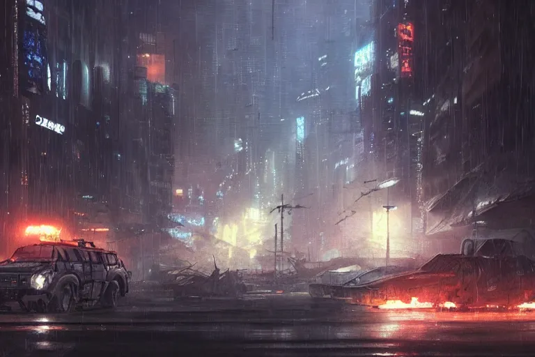 Image similar to cyberpunk humvee chased through burning city at night in rain by greg rutkowski makoto shinkai takashi takeuchi studio ghibli, akihiko yoshida