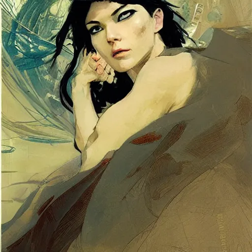 Image similar to ghost in the shell, intricate, elegant, highly detailed, greg manchess, mucha, liepke, ruan jia, jeffrey catherine jones, ridley scott