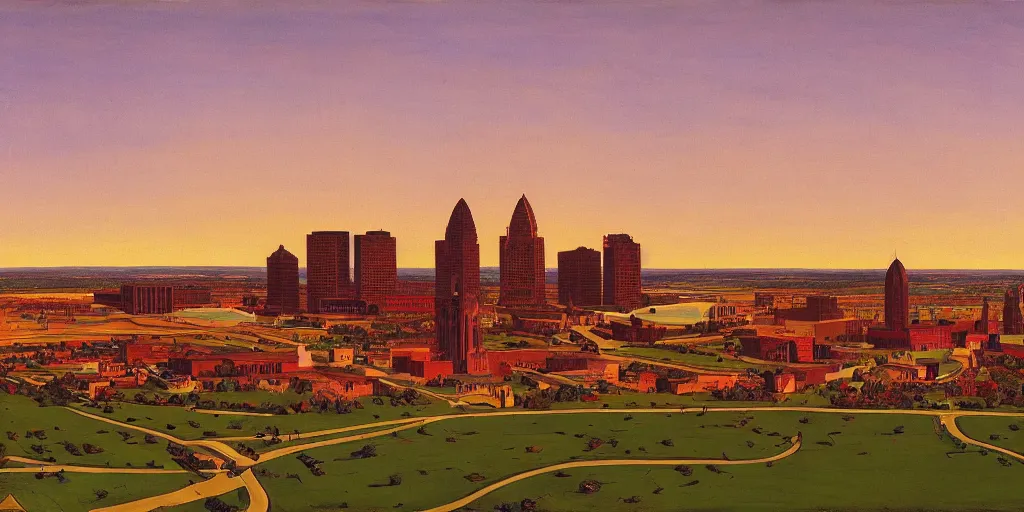 Image similar to a beautiful painting of Columbus Ohio by Rockwell Kent, golden hour, 8k, 4k