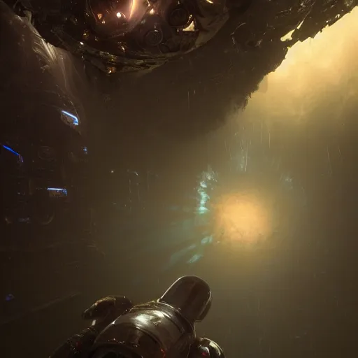 Prompt: concept art by craig mullins astronaut in futuristic dark and empty spaceship underwater. infrared complex and hyperdetailed technical suit. mandelbulb fractal space. reflection and dispersion materials. rays and dispersion of light. volumetric light. 5 0 mm, f / 3 2. noise film photo. flash photography. unreal engine 4, octane render. interstellar movie art