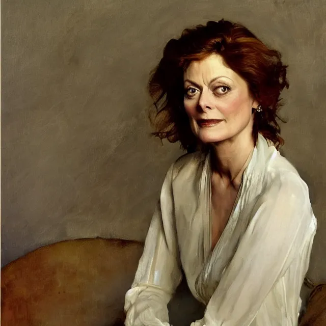 Image similar to a beautiful portrait of susan sarandon by john singer sargent, norman rockwell, and andrew wyeth, strong brushwork, natural light