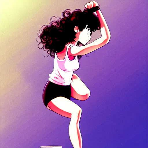 Image similar to flashdance movie, artstation, cartoon, elegant, highly detailed, digital painting, concept art, smooth, sharp focus, illustration, art by studio ghibli