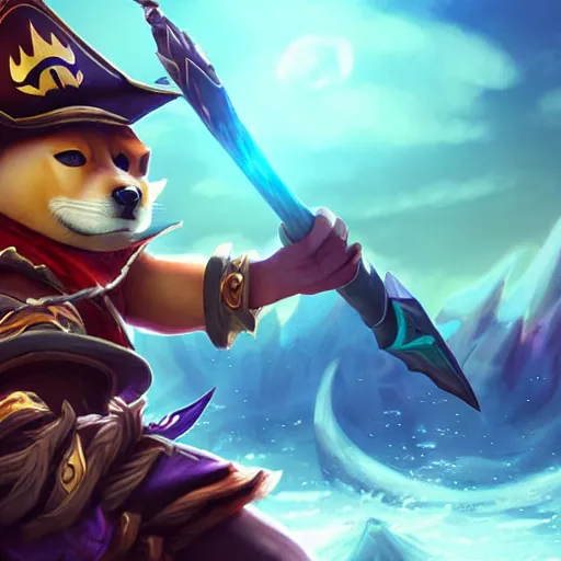 Image similar to shiba inu pirate warrior as a league of legends character, michael maurino, alex flores, paul kwon, cinematic, highly detailed, concept art, 3 d cgi, dramatic lighting, focus, smooth, heroic, hyper realistic background, in the style of league of legends, lol