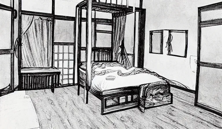 Image similar to A bedroom designed by Junji Ito, 35mm film, long shot