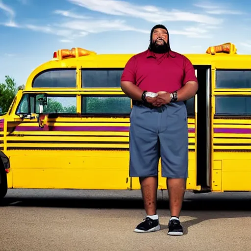 Image similar to overweight african american male school bus driver with dreads, wearing shorts with chubby legs, big moe, symmetric face, photo, posing in front of schoolbus