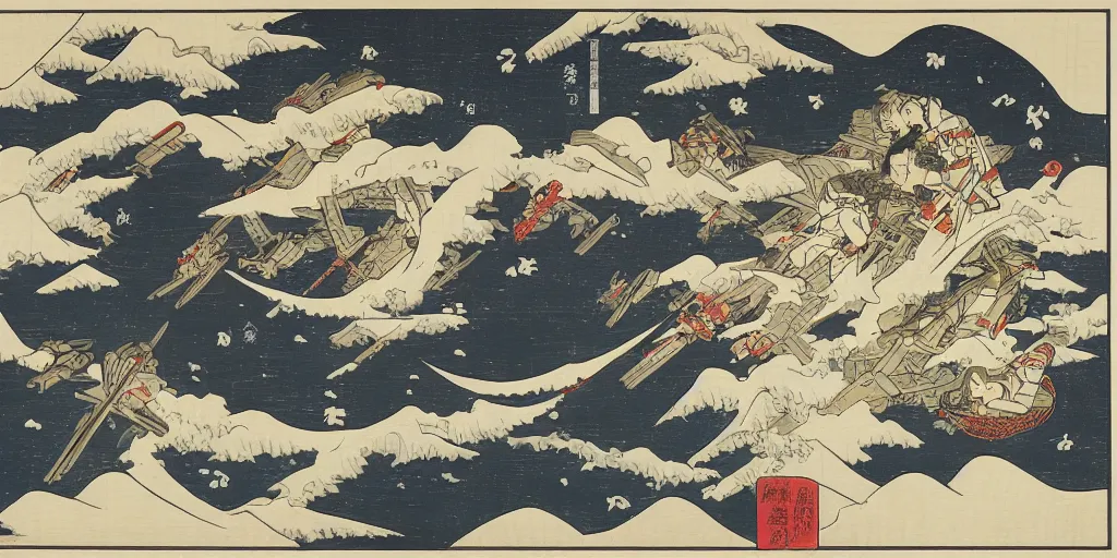 Prompt: space battle dogfight in style of katsushika hokusai, highly detailed, woodblock print