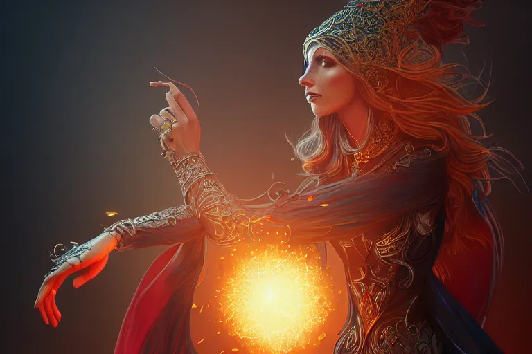 Prompt: Magician, female, fantasy, bangles, explosion, dramatic, intricate, elegant, highly detailed, digital painting, artstation, concept art, smooth, sharp focus, illustration, art by Hieronomous Bosch, octane render