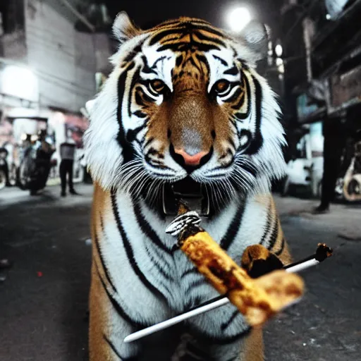 Image similar to photograph of a tiger smoking a joint in the streets of Dhaka at night