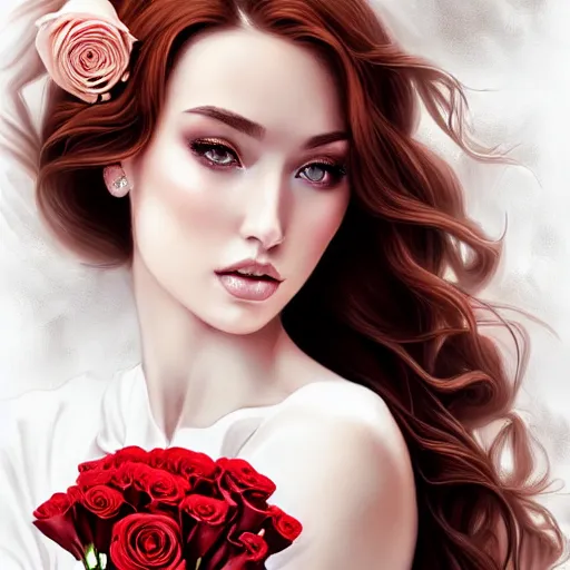 Prompt: portrait of a gorgeous woman holding a bouquet of roses, auburn hair, intricate, white dress, elegant, highly detailed, 8 k, art by artgerm, mark hill