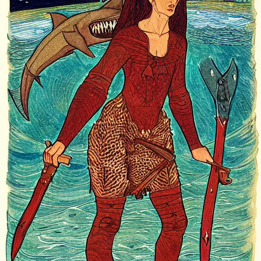 Prompt: a shark woman with melee weapons by ivan bilibin