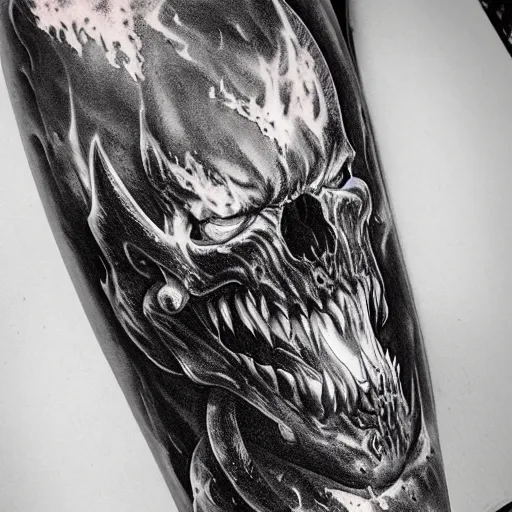 Image similar to diablo lord of terror engulfed in flames, 3/4 shot from below, full body, detailed greyscale tattoo by Dmitriy Tkach