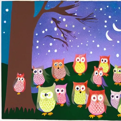 Image similar to photo of owl birthday party in the woods at night