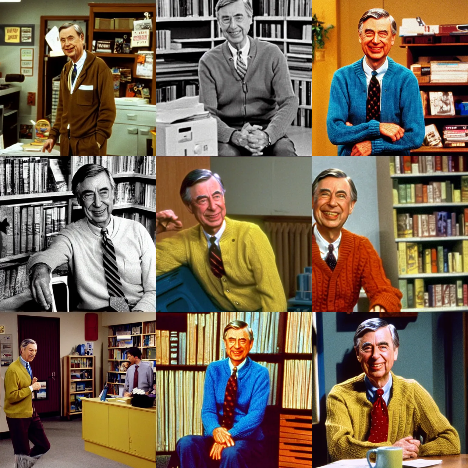 Prompt: set photo of mr. rogers in the backrooms ; empty yellow office spaces ; creepypasta ; vhs footage ; nostalgic ; unnerving