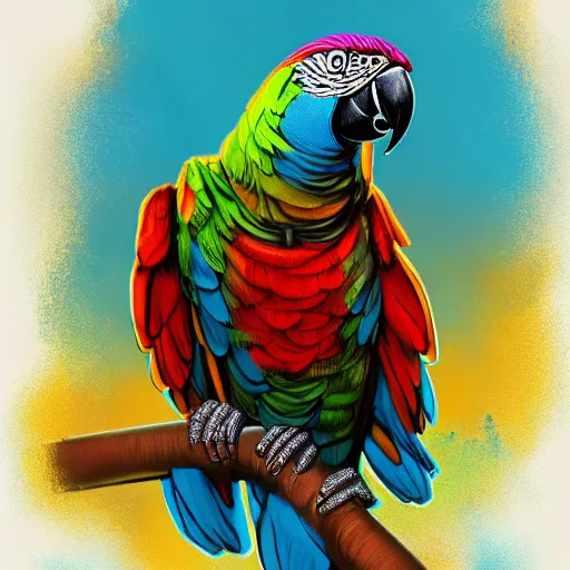 Prompt: parrots dressed in rapper clothes, sitting on golden trees, rap scene, concept art, trending on artstation, highly detailed, digital art, 8 k