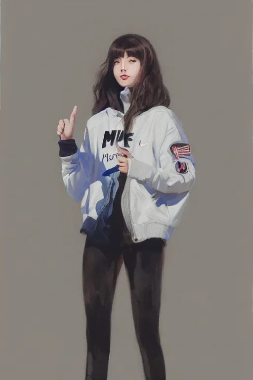 Image similar to A ultradetailed beautiful panting of a stylish girl doing the peace sign, she is wearing an oversized Nike jacket, Oil painting, by Ilya Kuvshinov, Greg Rutkowski and Makoto Shinkai