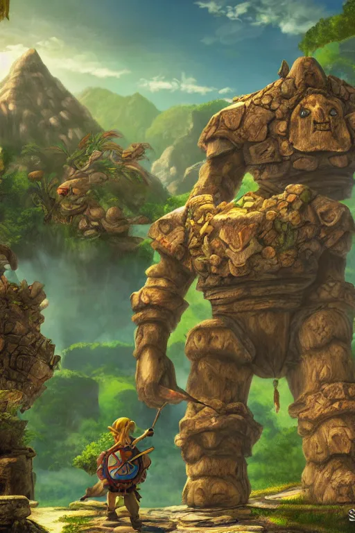 Prompt: zelda fantasy art golem wood rock, global illumination ray tracing hdr fanart arstation by sung choi and eric pfeiffer and gabriel garza and casper konefal