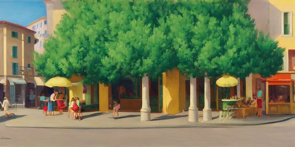 Image similar to calm italian street with green trees and icecream shop in the style of Edward Hopper