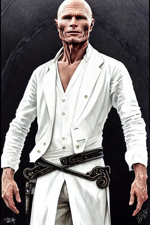 Image similar to ed harris as the man in black, westworld, wearing an all white outfit in the style of art by artgerm and greg rutkowski and alphonse mucha