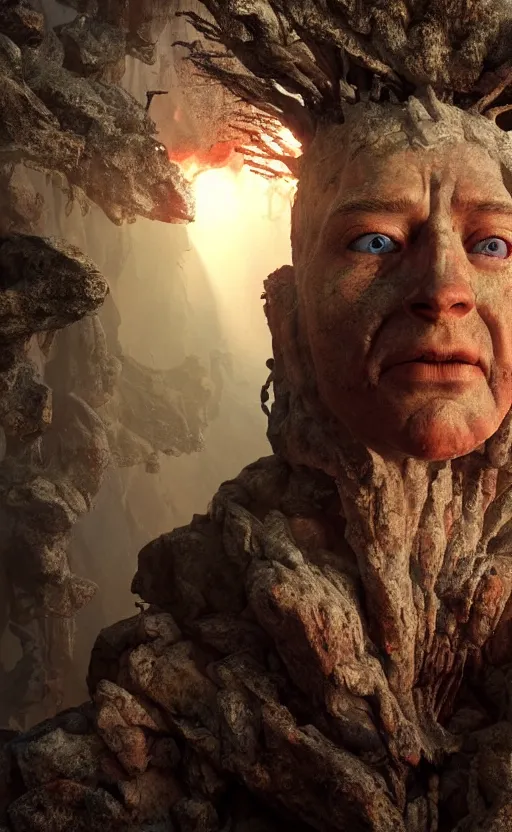 Image similar to extremely detailed cinematic movie still 3 0 7 7 portrait shot of a god of fire 2 5 years old white man hyperreal skin face at the mountain top by denis villeneuve, wayne barlowe, simon birch, marc simonetti, philippe druillet, beeple, bright volumetric sunlight from remote star, rich moody colors, closeup, bokeh