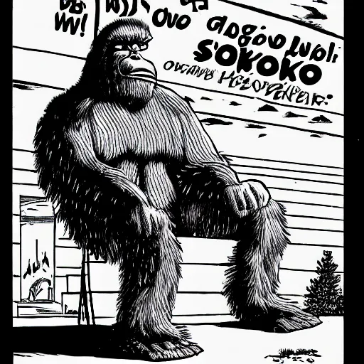 Prompt: bigfoot smoking a cigar, manga panel,