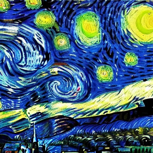 Prompt: portrait of astronaut, starry night in background, by van gogh