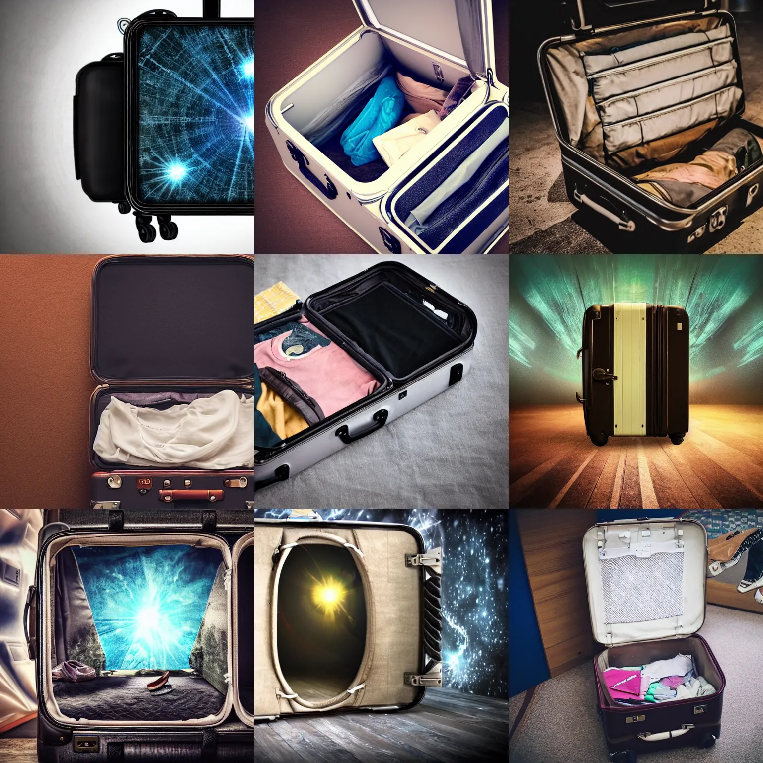 Prompt: a portal to another universe inside a suitcase