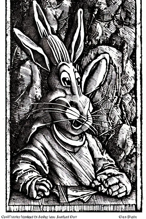 Image similar to bugs bunny of the apocalypse, pen and ink illustration / renaissance woodcut by albrecht durer 1 4 9 6, 1 2 0 0 dpi scan, ultrasharp detail, hq scan, intricate details, stylized border