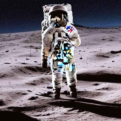 Image similar to a cat in an astronaut suit riding a horse on moon\'s surface