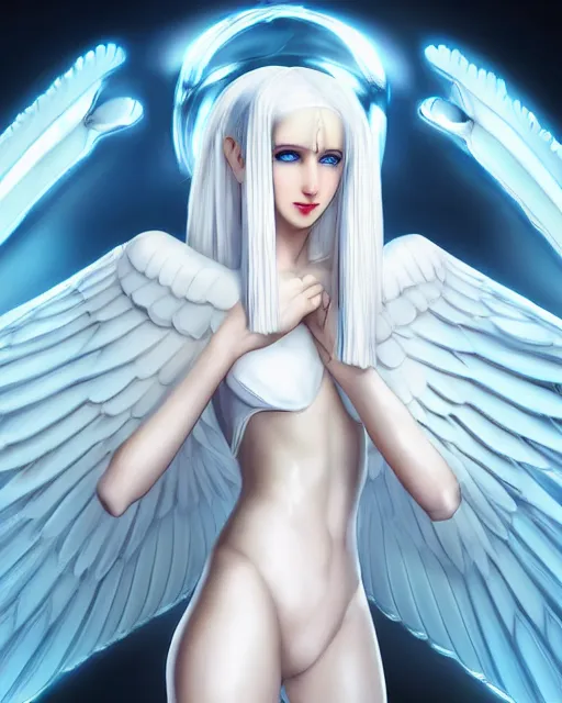 Prompt: perfect white - haired attractive egyptian goddess with large white dove wings, android body, beautiful, symmetric, dreamy, pretty face, blue eyes, detailed, scifi platform, laboratory, experiment, 4 k, ultra realistic, epic lighting, illuminated, cinematic, masterpiece, art by akihito tsukushi, voidstar