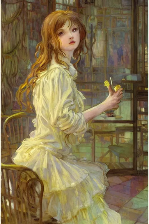 Image similar to A girl in a maid's outfit in a cafe a afternoon, wavy hair yellow theme,S line,45 angel by krenz cushart and mucha and monet and greg rutkowski