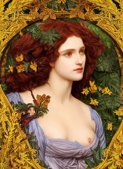 Image similar to masterpiece beautiful seductive flowing curves preraphaelite face portrait amongst leaves, extreme close up shot, straight bangs, thick set features, yellow ochre ornate medieval dress, magpie, amongst foliage mushroom forest circle arch framing, kilian eng and frederic leighton and rosetti, 4 k