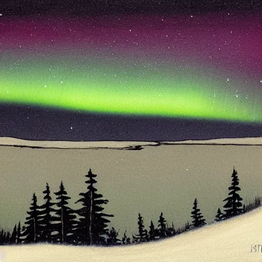 Prompt: northern lights in the art style of Theodor Kittelsen, full HD