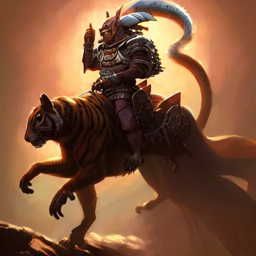 Image similar to Squirrel knight riding tiger, magic the gathering artwork, D&D, fantasy, cinematic lighting, centered, symmetrical, highly detailed, digital painting, artstation, concept art, smooth, sharp focus, illustration, volumetric lighting, epic Composition, 8k, art by Akihiko Yoshida and Greg Rutkowski and Craig Mullins, oil painting, cgsociety