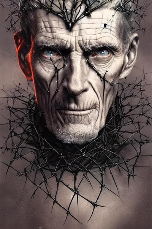 Prompt: samuel beckett, beautiful, ominous ethereal portrait, art nouveau, fantasy, intricate crown of thorns designs, elegant, highly detailed, sharp focus, vivid colors, art by artgerm and greg rutkowski and wlop