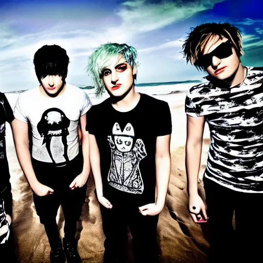 Prompt: holiday photos of My Chemical Romance on holiday at the beach